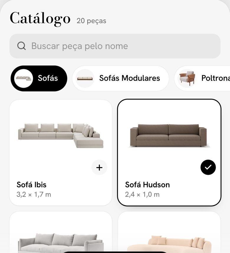 Catálogo digitalizado na ferramenta: sofás recortados com medidas