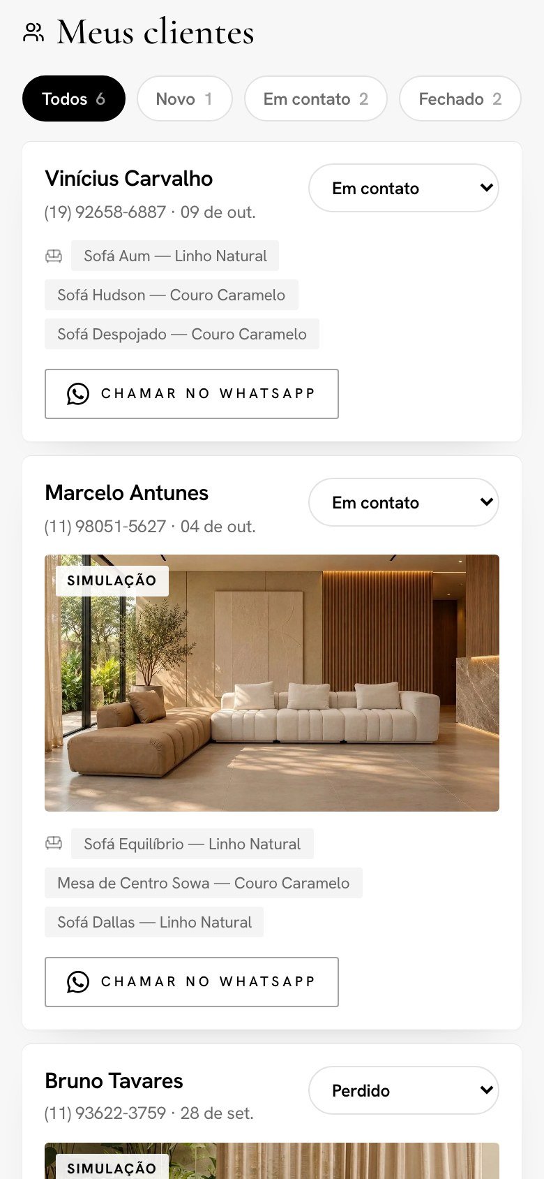 Portal do Arquiteto: clientes com status e botão de WhatsApp