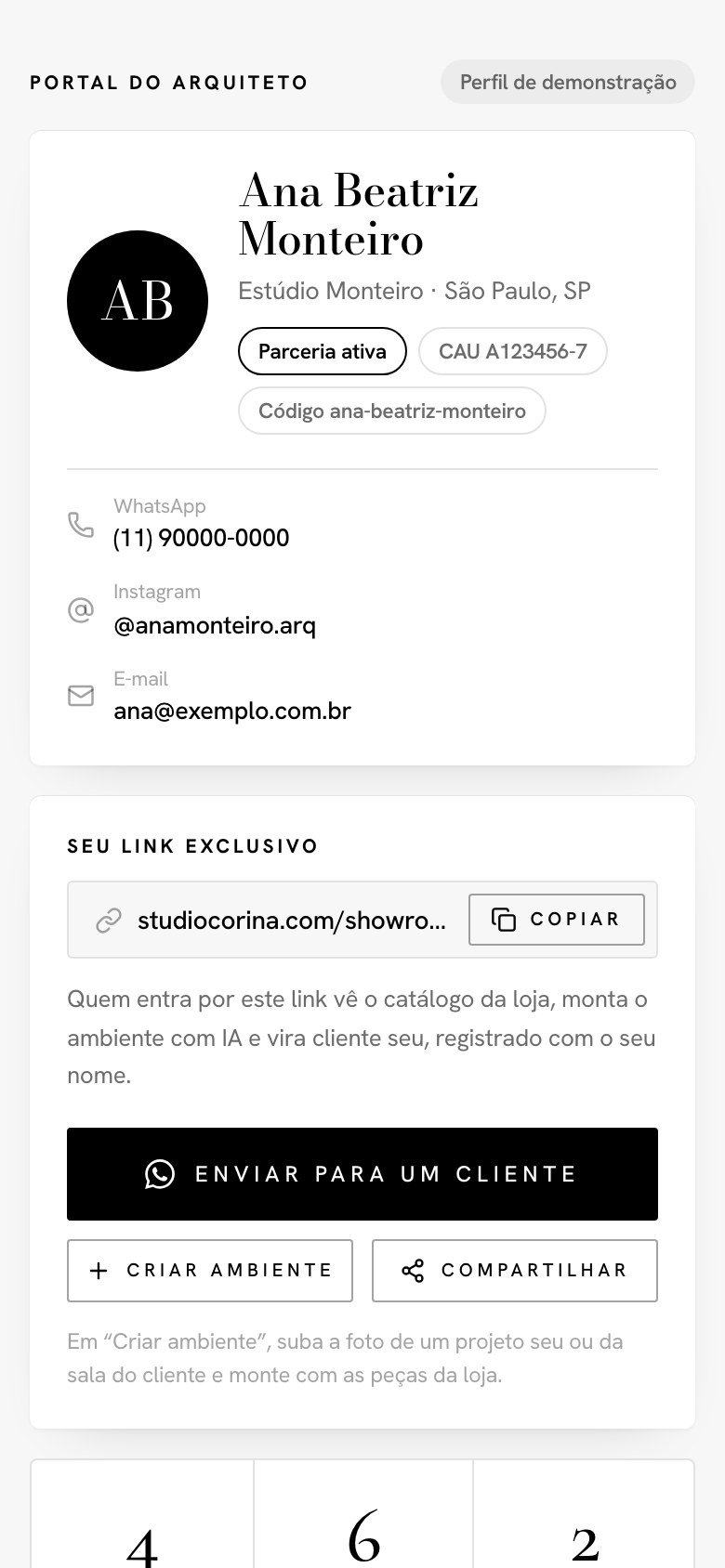 Portal do Arquiteto: link exclusivo com botões de copiar e enviar no WhatsApp